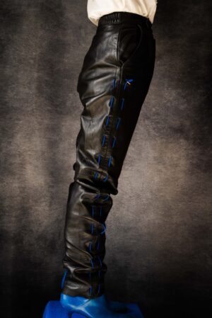Reworked Black Leather Trousers with Blue Sports Elastic