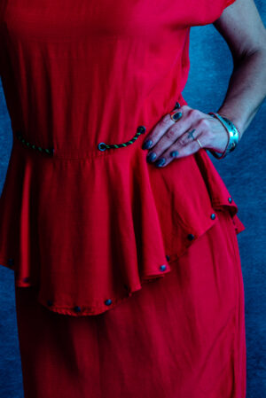 Reworked Red Peplum Dress with Studs and Sports Cord
