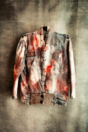 Reworked Denim Jacket with Red Dye and Safety Pins